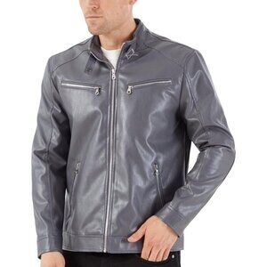 🆕Men's Dark Grey Collar Leather Motorcycle Lightweight Faux Leather Jacket